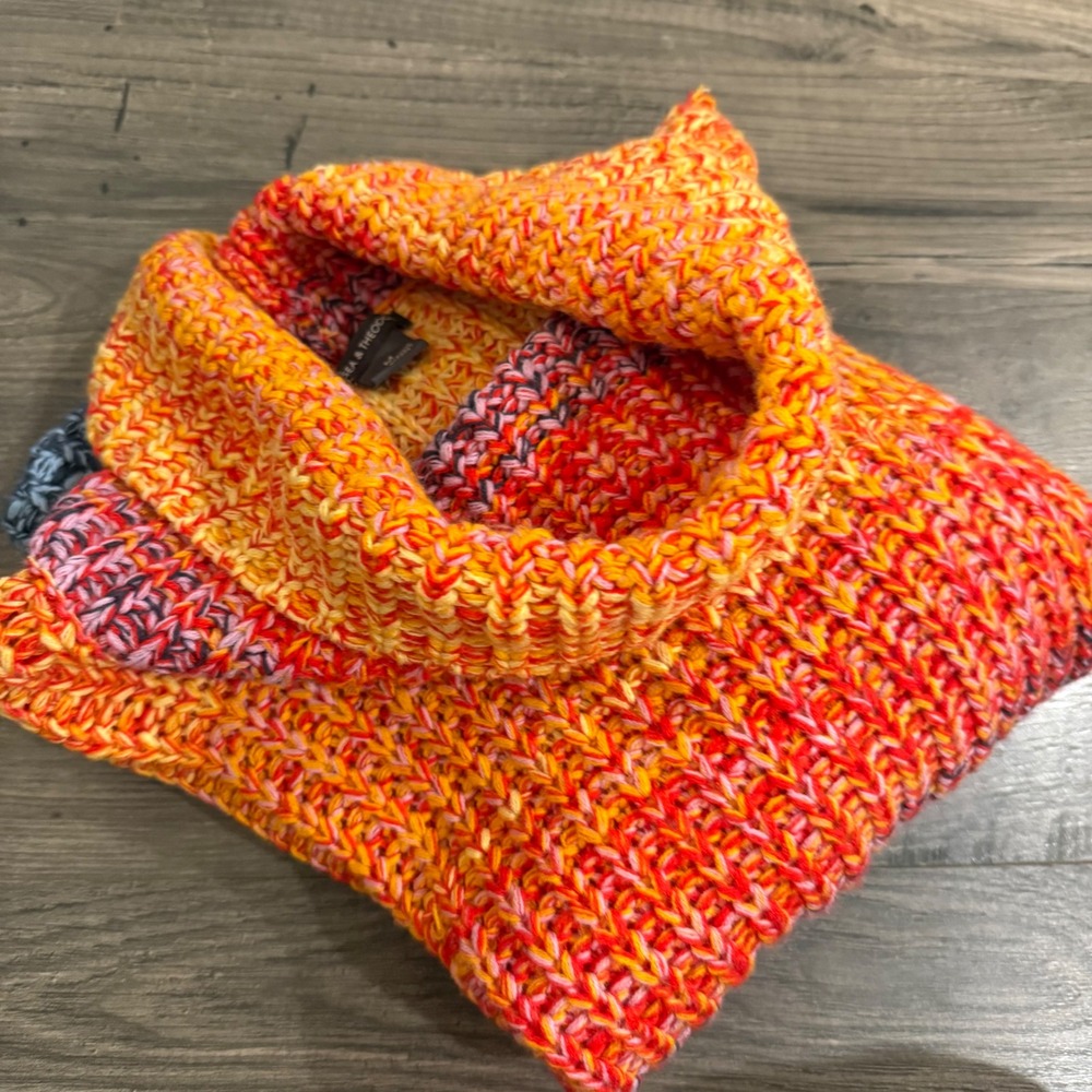 Chelsea & Theodore Ombre Chunky Knit Cowl Neck Sweater Orange Grey Medium